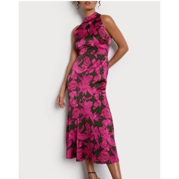 Sam Edleman Midi Dress 12 Pink Brown Floral Sleeveless Mock Tie Neck $160 - Picture 15 of 15